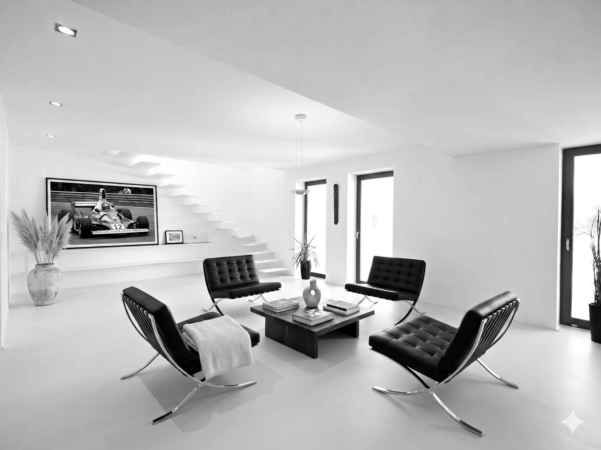 B_77 Studio in Siegen – heller Raum mit freitragender Treppe und Lichtschacht von oben